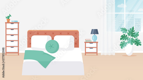 Bedroom with double bed. Modern interior. Vector banner.