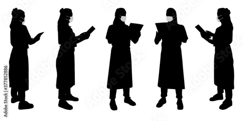Vector concept conceptual  silhouette women working while social distancing as means of prevention and protection against coronavirus contamination. A metaphor for the new normal.