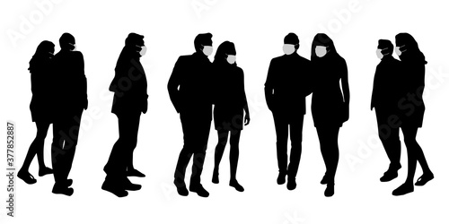 Vector concept conceptual  silhouette couples spending time together while social distancing as means of prevention and protection against coronavirus contamination. A metaphor for the new normal.