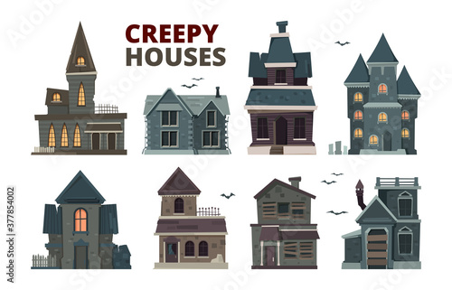 Horror house. Halloween scary gothic village buildings with spooky vector pictures set. House building halloween, horror window and exterior illustration