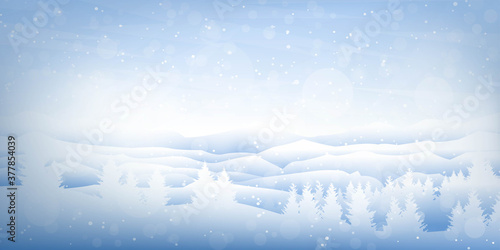 Vector illustration. Flat landscape. Snowy background. Snowdrifts. Snowfall. Clear blue sky. Blizzard. Cartoon wallpaper. Winter season. Forest trees and mountains. Design for website, poster, banner © VVadi4ka