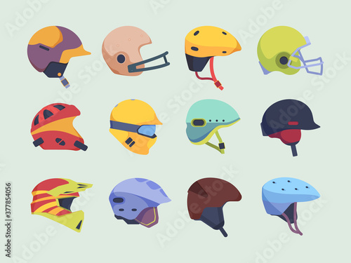 Safety sport helmet. Head accident protection items race motorbike hockey and paintball helmet vector. Illustration protection helmet for motorcycle and sport equipment