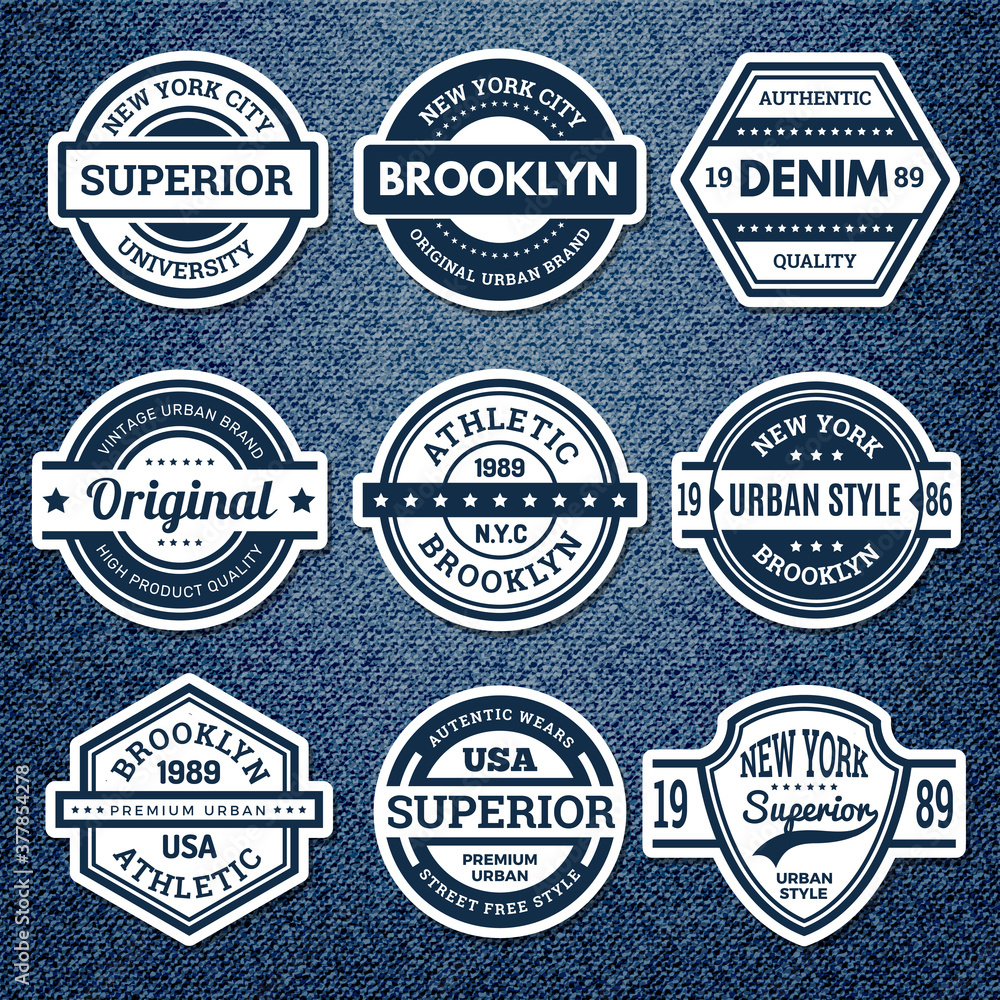 Graphic jeans badges. Jacket patch emblem embroidery vintage college stamp  athletics urban style vector set. Illustration badge clothing, apparel denim  wear Stock Vector | Adobe Stock