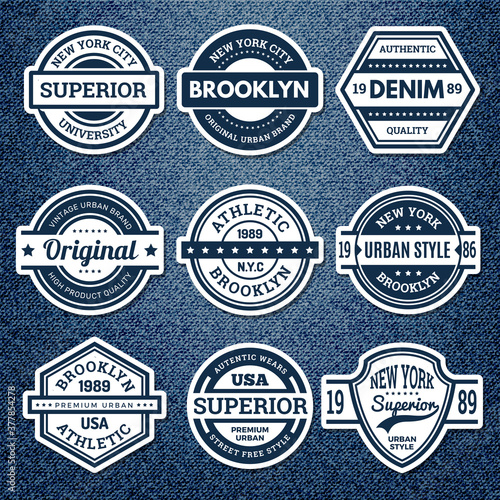 Graphic jeans badges. Jacket patch emblem embroidery vintage college stamp athletics urban style vector set. Illustration badge clothing, apparel denim wear