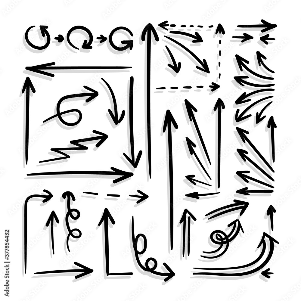 Vector Set of Black Arrows with Shadows Isolated on White Background, Doodle Marker Drawings.