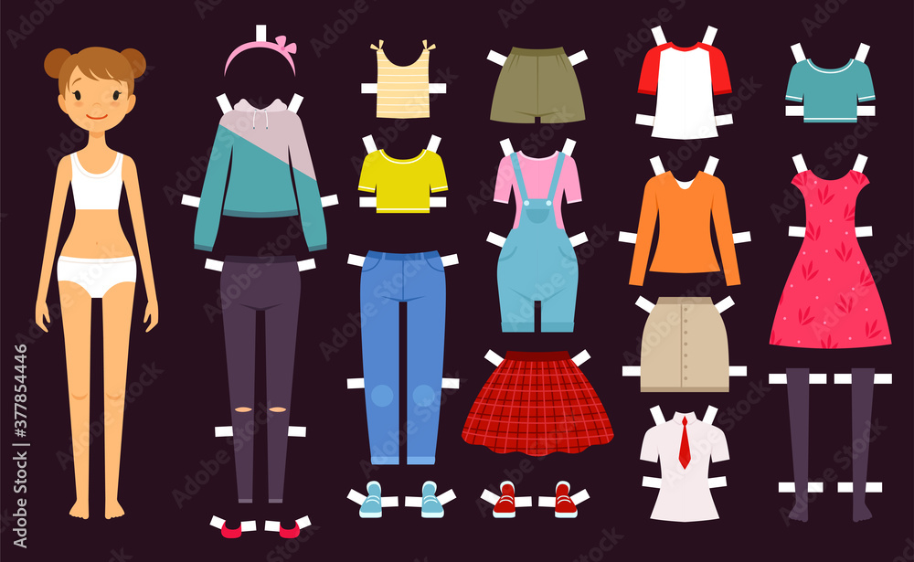 Paper doll. Cute toys female doll with various wardrobe clothes fashion  girls vector illustration. Dress female, wear girl paper model Stock Vector