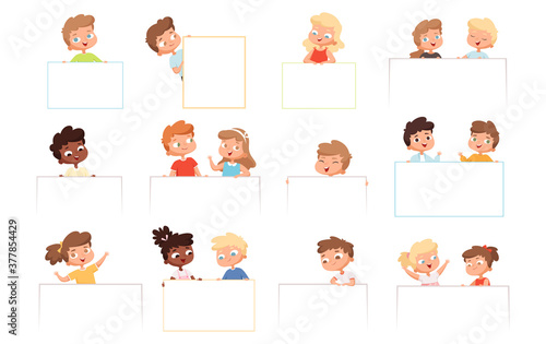 Childrens with banners. Kids holding blank white frames happy boys and girls vector cartoon characters. Illustration childhood boy and girl with paper billboard