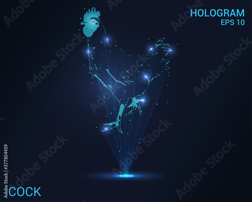 Cock hologram. Holographic projection of a rooster. A flickering energy stream of particles. Scientific rooster design.