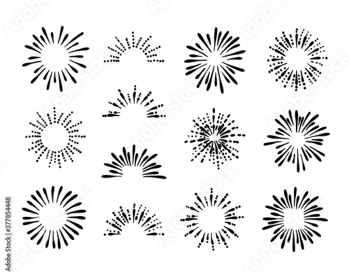 Vector Retro Bursts Set, Black Drawings Isolated on White Background, Vintage Fireworks, Doodle Illustration.