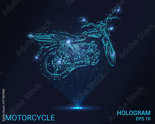 Motorcycle hologram. Holographic projection of a motorcycle. A flickering energy stream of particles. The scientific design of the bike.