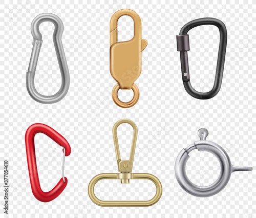 Carabine hook. Climbers for hiking loop vector keys and lock illustrations realistic. Safety hook for climbing, metal and steel equipment tool photo