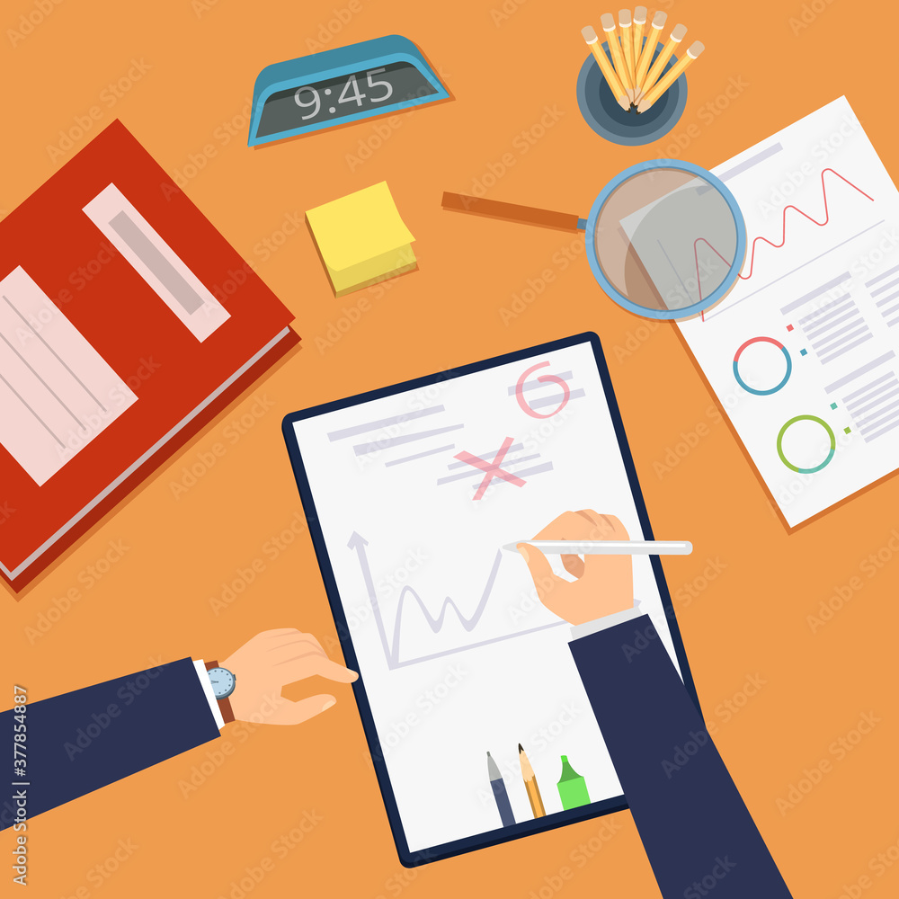 Deadline concept. Office work desk top view. Strategy planning, business investment vector concept. Office work business paper management, deadline workplace illustration Deadline concept. Office work desk top view. Strategy planning, business investment vector concept. Office work business paper management, deadline workplace illustration