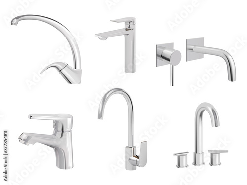 Water chrome tap. Kitchen tools plumbing accessories vector realistic collection pictures of aqua tap. Faucet tap, valve equipment, switcher plumbing illustration