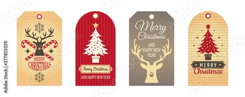 Merry Christmas badges. Cloth labels, handcraft gift tags. Holiday cartboard winter decoration elements vector set. Illustration cloth handcraft tag gift xmas