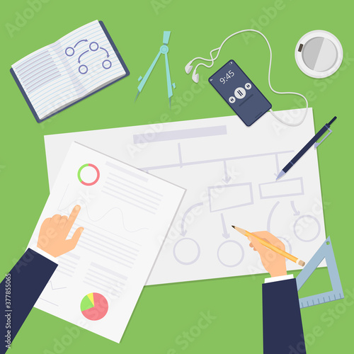 Planning. Agile concept, top view business plan or startup project. Hands drawing financial schemes vector illustration. Business development and strategy, diagram flow model, deployment and planning