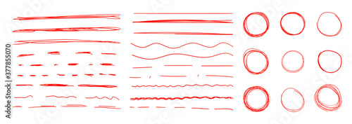 Vector Set of Red Colorful Underline Strokes and Circles, Hand Drawn Design Elements, Correction Marks, Drawings Collection.
