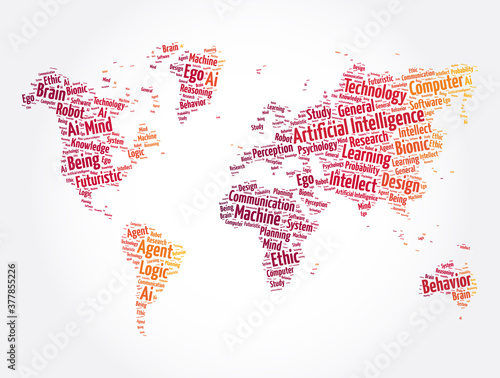 Artificial intelligence word cloud in shape of world map, concept background