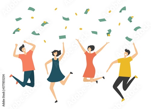 Happy people under money rain. Jumping man woman, profit or lottery win vector illustration. Finance success, rich and lucky rain profit