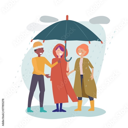 International friendship. Multicultural friends stand together under one umbrella. Rainy day, happy man woman in autumn clothes vector illustration. Umbrella protection, protect form rain