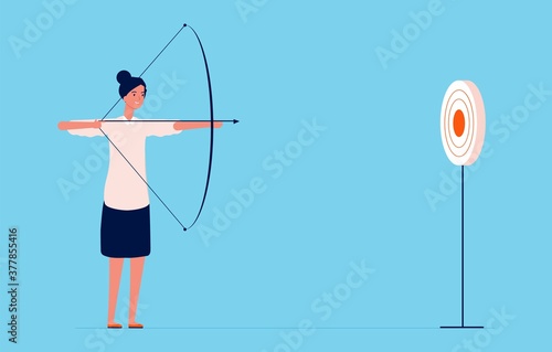 Target goal. Business woman shooting with bow and arrow, successful lady. Girl investor or project manager vector character. Arrow and target, lady success illustration