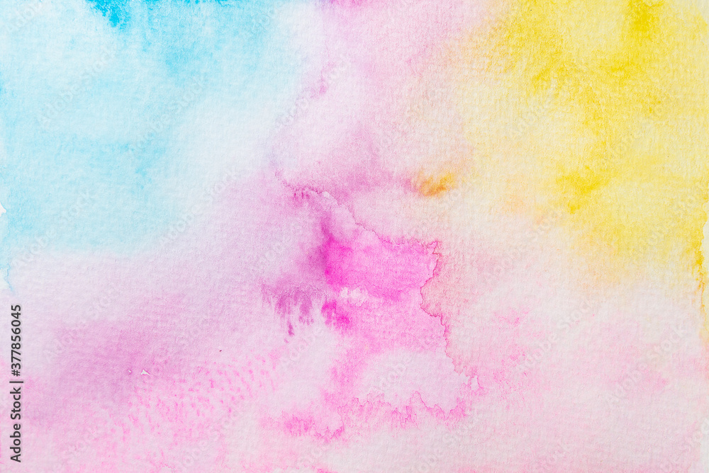 Hand painted blue, pink and yellow watercolor background.