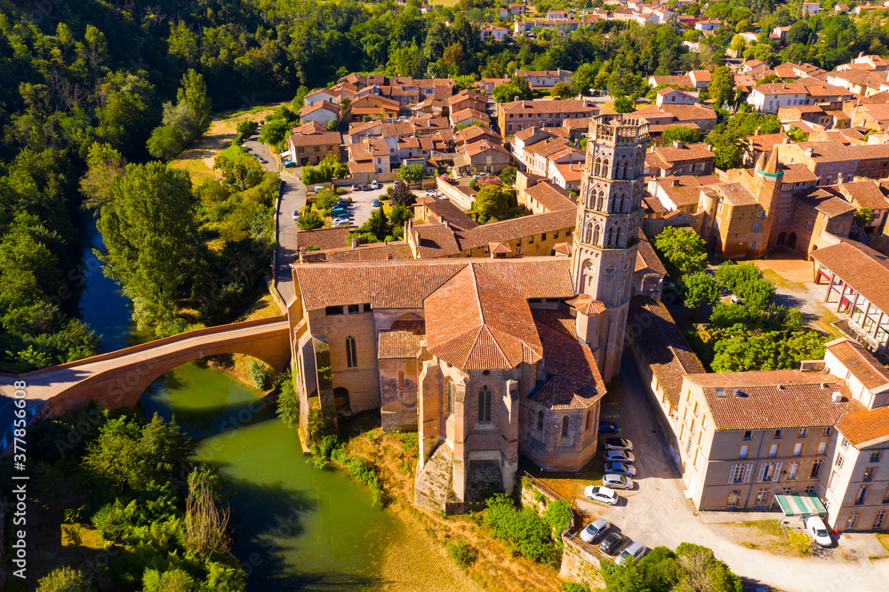 Aerial view of Rieux-Volvestre commune in Haute-Garonne department, southwestern France