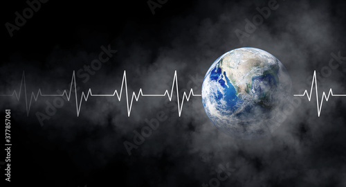 Fototapeta Naklejka Na Ścianę i Meble -  Ecology and Healthcare Concept : Blue planet earth with white pulse line and smoke in black background. (Elements of this image furnished by NASA.)