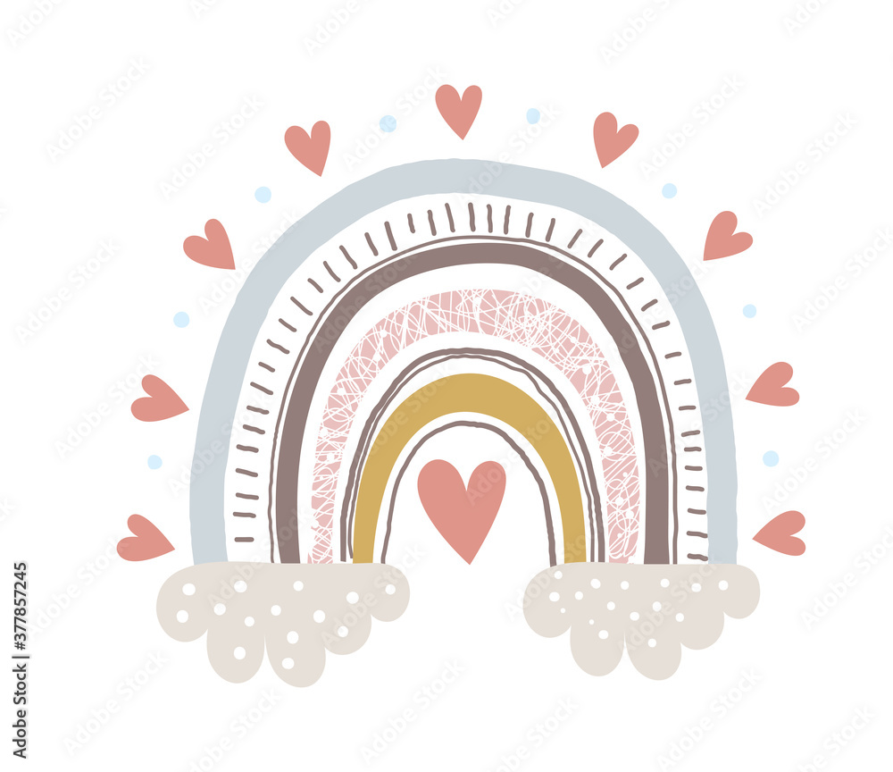 Cute childish illustrations with abstract full color rainbow. Striped arc in vintage pastel colors with hearts and clouds. Simple vector clipart illustration isolated on white background Cute childish illustrations with abstract full color rainbow. Striped arc in vintage pastel colors with hearts and clouds. Simple vector clipart illustration isolated on white background