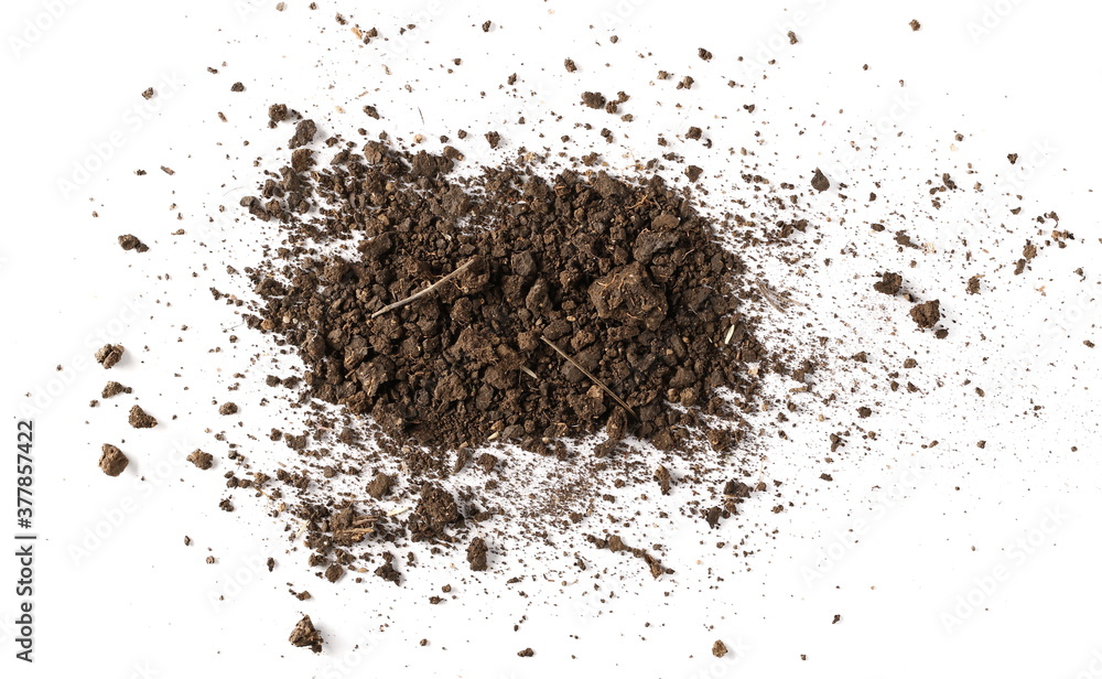 Dirt, soil pile isolated on white background, top view Dirt, soil pile isolated on white background, top view
