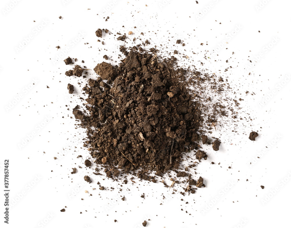 Dirt, soil pile isolated on white background, top view Dirt, soil pile isolated on white background, top view