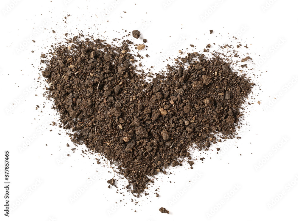 Dirt, soil pile in heart shape isolated on white background, top view Dirt, soil pile in heart shape isolated on white background, top view