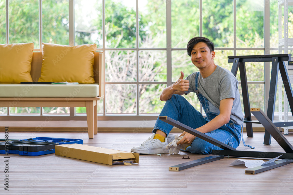 Handyman installing wooden bench in new house. Handyman installing wooden bench in new house.