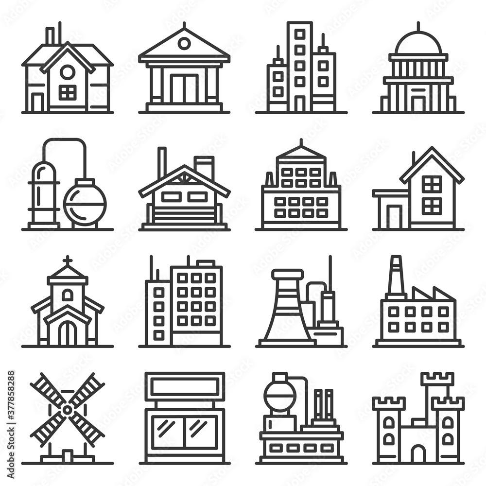 Building Icons Set. Goverment, Industrial and Live Construction. Vector