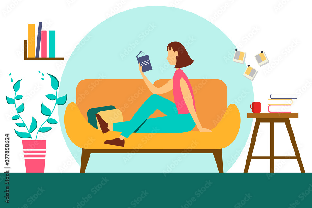 Young girl sitting on the sofa and reading a fascinating story. Illustration of the concept of education, self-education. Cute illustration in flat style. Young girl sitting on the sofa and reading a fascinating story. Illustration of the concept of education, self-education. Cute illustration in flat style.