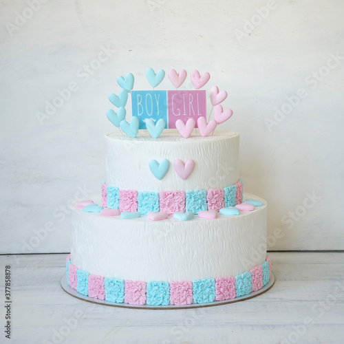 Bild auf Leinwand Blue and pink fondant cake for Gender reveal party