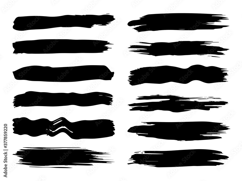 Vector collection of artistic grungy black paint hand made creative brush stroke set isolated on white background. A group of abstract grunge sketches for design education or graphic art decoration Vector collection of artistic grungy black paint hand made creative brush stroke set isolated on white background. A group of abstract grunge sketches for design education or graphic art decoration