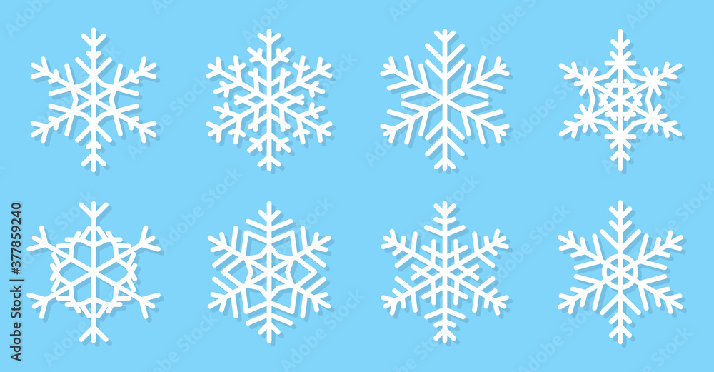 Snowflakes flat set. Different shape snow icons. Winter ice crystal. Christmas symbol ornament. Frost Xmas. Decorative elements for greeting card or New Year banner. Isolated vector illustration