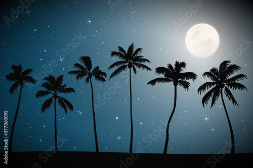 Landscape with palm trees on beach on moonlight night. Blue mysterious background with full moon in starry sky. Horizontal vector illustration for use in polygraphy, textile, design, interior decor