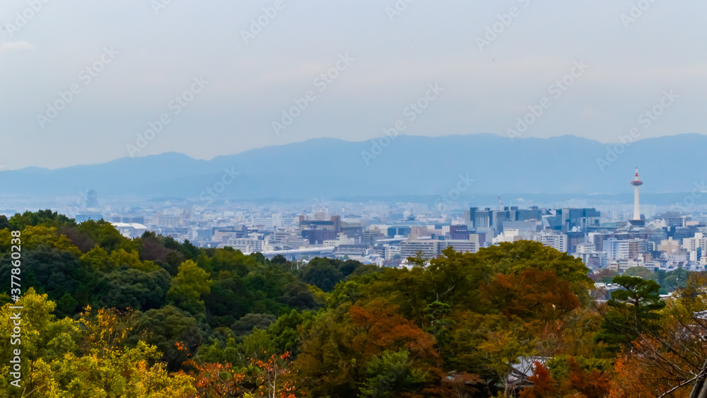 Kyoto City skyline landscape viewed from the hill around the Higashiyama area, from this place we can see the famous landmark Kyoto Tower