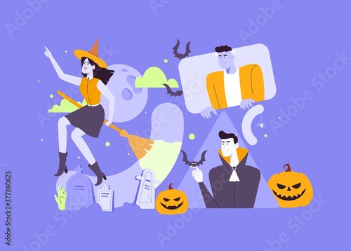 Happy Halloween greetings template vector. Teenagers or young people in witch, dracula and frankenstein monster costumes illustration. 
