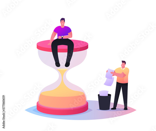 Tiny Male Character Sitting on Huge Hourglass Looking on Wrist Watch, Throw Out Expired Documents with Irrelevant Info