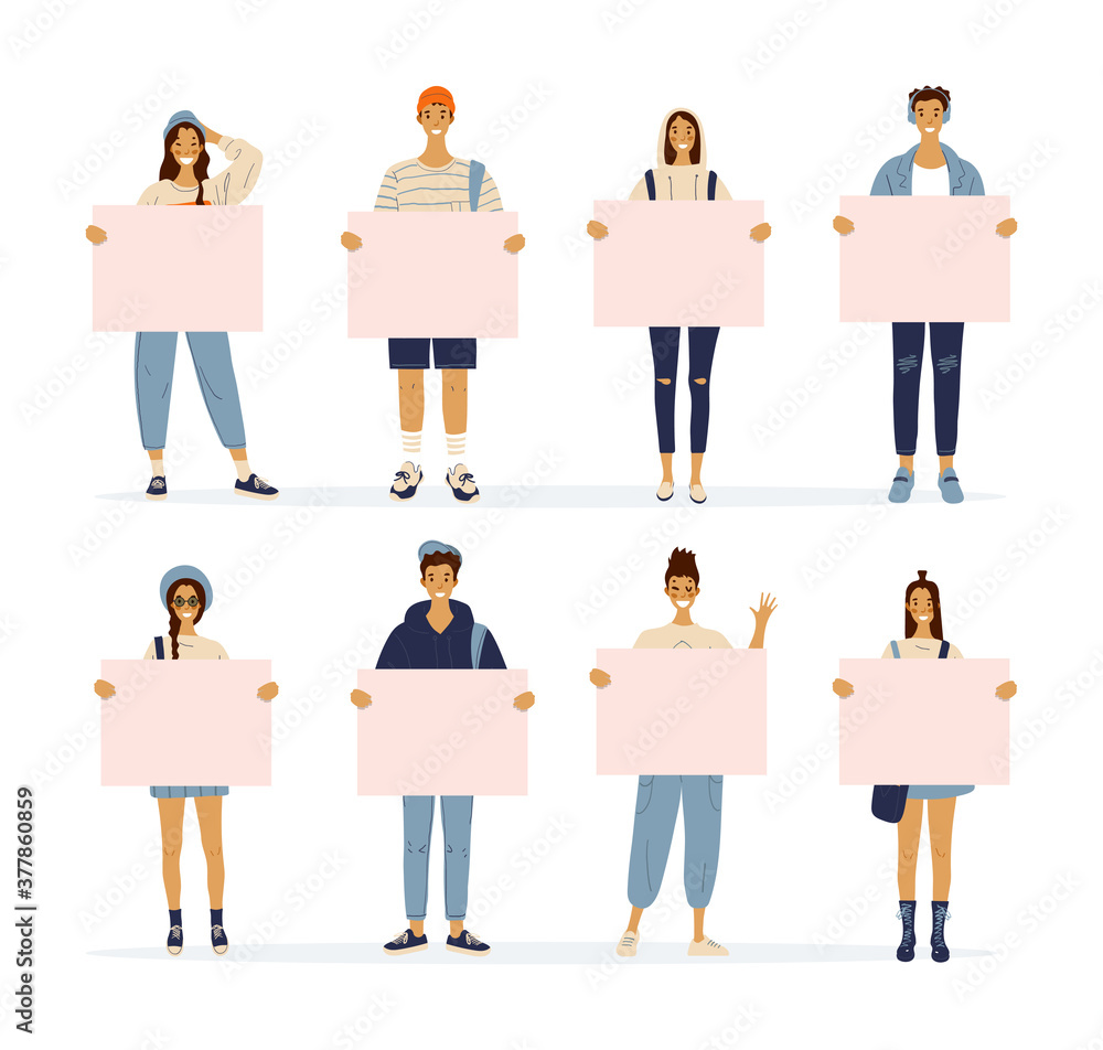 Cartoon characters standing young women and men holding blank posters. Girls and guys with banners with place for text. Youth, school sale. Vector illustration