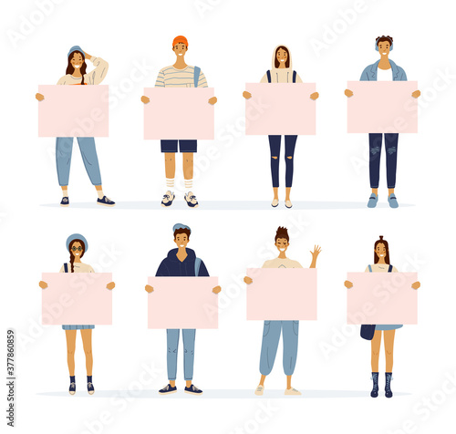 Cartoon characters standing young women and men holding blank posters. Girls and guys with banners with place for text. Youth, school sale. Vector illustration