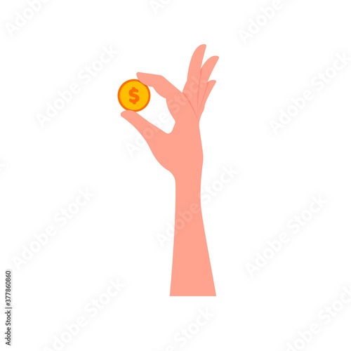 The hand holds a coin with two fingers. Vector illustration, flat cartoon design, isolated on white background, eps 10.