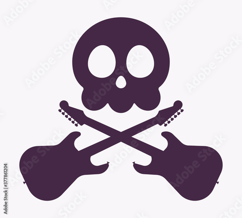 Music piracy icon, skull and electroguitars cross. Recordings and content illegal download, playing, copying or distributing, copyright infringement crime. Vector flat style cartoon illustration