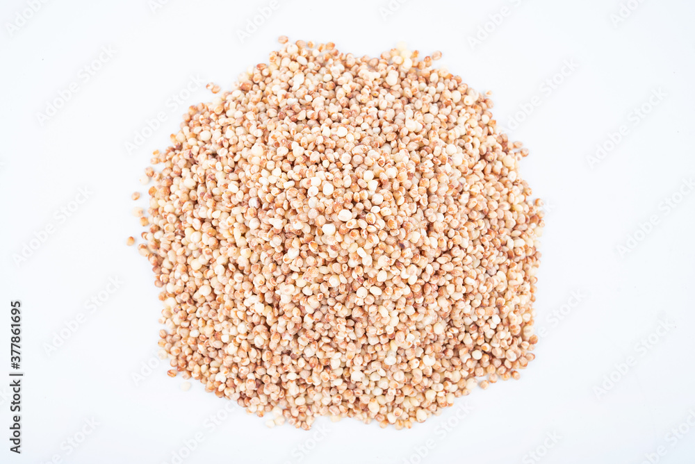 A pile of cereal grain sorghum rice on white background A pile of cereal grain sorghum rice on white background