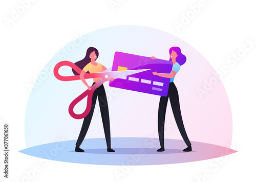Tiny Female Characters Cutting Expired Credit Card with Huge Scissors. Irrelevant Banking Data Deletion, Bankruptcy