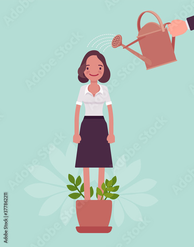 Growing female talent, business, personal development. Helping woman grow in plant pot, watering to support, make strong, healthy, professional growth, training. Vector flat style cartoon illustration