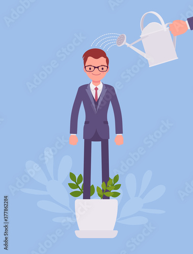 Growing male talent, business and personal development. Helping man grow in plant pot, watering to support, make strong, healthy, professional growth, training. Vector flat style cartoon illustration