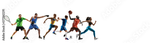 Sport collage of professional athletes or players isolated on white background, flyer. Made of different photos of 6 models. Concept of motion, action, power, target and achievements, healthy, active